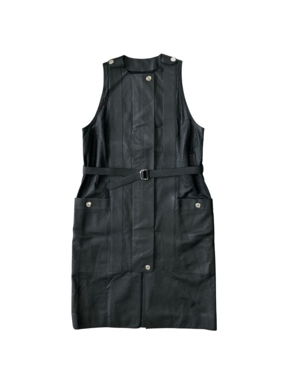 Hermes Deerskin Leather Sleeveless Dress Belted Sellier Silver Black
